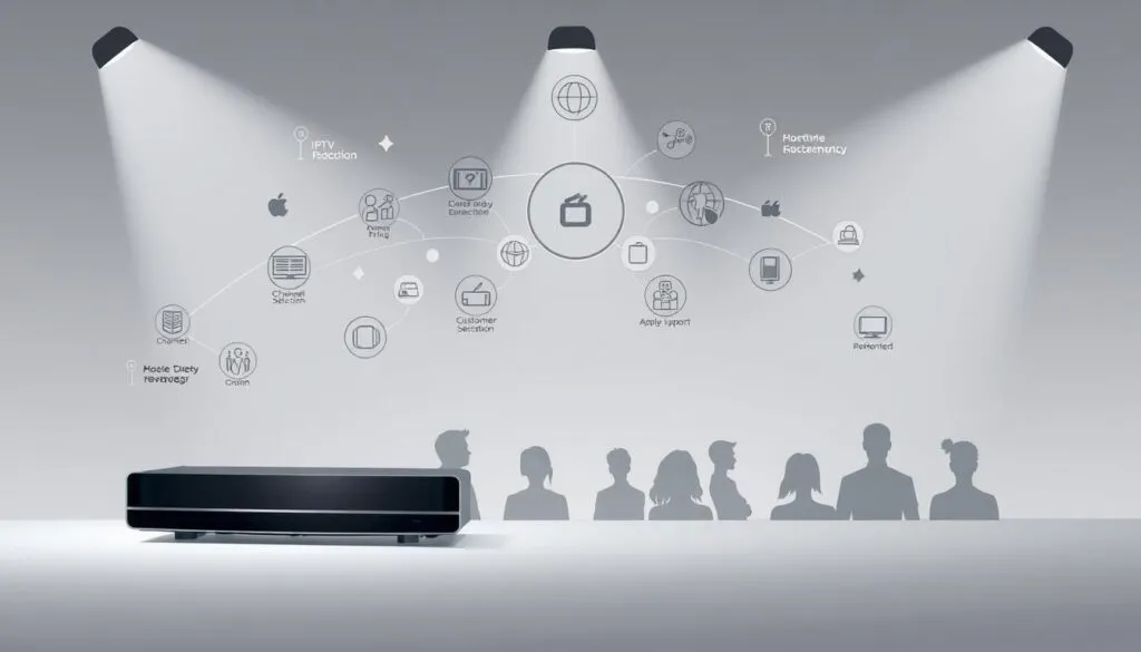 A modern, minimalist illustration showcasing the key factors to consider when choosing an IPTV provider. A clean, uncluttered layout with simple geometric shapes and subtle gradients. The foreground features a sleek, futuristic-looking device representing the IPTV service, surrounded by a constellation of icons and infographic elements highlighting aspects like video quality, channel selection, pricing, and customer support. The middle ground contains silhouettes of various user profiles, conveying the diverse needs and preferences of IPTV consumers. The background has a soft, muted color palette, creating a sense of professionalism and sophistication. Crisp, high-contrast lighting from multiple angles emphasizes the key details and creates depth. An overall tone of technological innovation, user-centric design, and informed decision-making.