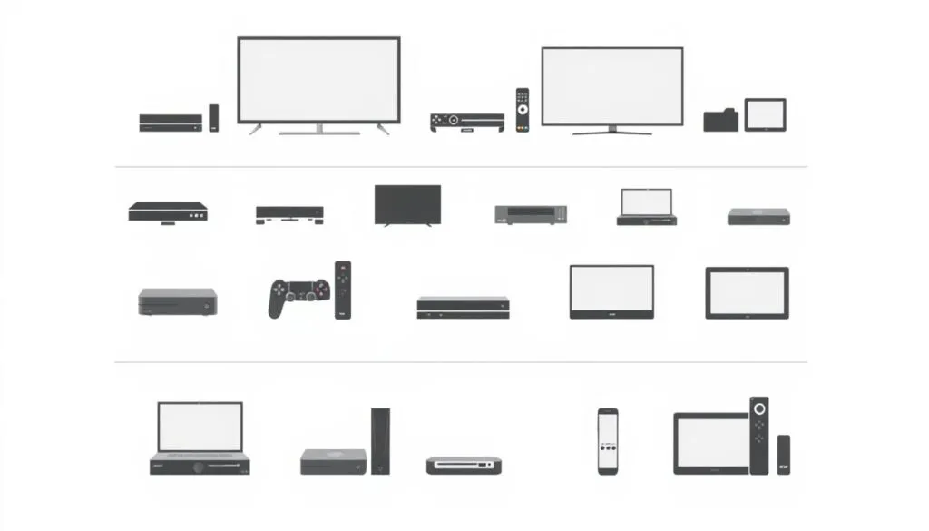A modern, minimalist infographic showcasing various IPTV devices compatible with popular streaming platforms. Set against a plain white background, the image features silhouettes of smart TVs, set-top boxes, game consoles, and mobile devices neatly arranged in rows. The devices are rendered in a muted, monochromatic color palette to emphasize their versatility and functionality. Subtle grid lines and clean typography provide a sense of structure and balance, reflecting the reliable and user-friendly nature of the IPTV service. The overall aesthetic is sleek, informative, and tailored to the tech-savvy audience of the article.
