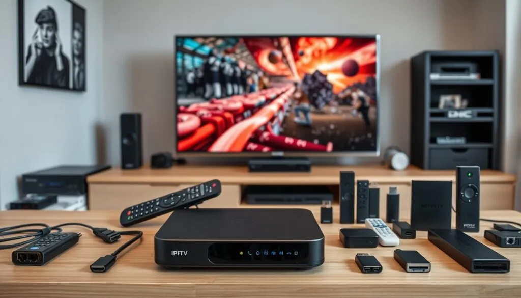 A modern, well-lit interior scene showcasing an array of IPTV receiver devices and accessories. In the foreground, a sleek and compact IPTV set-top box rests on a minimalist wooden shelf, surrounded by remote controls, HDMI cables, and neatly organized networking equipment. The middle ground features a range of IPTV dongles, USB-powered media players, and streaming sticks, each showcasing their various connectivity options and design features. In the background, a large flat-screen television displays a vibrant, high-definition video feed, highlighting the capabilities of the IPTV technology. The overall scene conveys a sense of technological sophistication and user-friendliness, suitable for illustrating the "Voraussetzungen für IPTV-Nutzung" section of the article.
