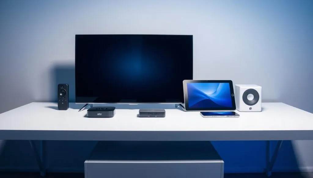 A neatly arranged display of modern streaming devices on a sleek, minimalist table. In the foreground, a 4K smart TV, streaming box, and wireless audio device sit side-by-side, their sleek designs and glowing indicator lights highlighting their technological capabilities. The middle ground showcases a tablet and smartphone, illustrating the versatility of streaming across devices. The background features a subtle gradient backdrop, creating a sense of depth and emphasis on the equipment. Soft, directional lighting accentuates the clean lines and glossy surfaces, evoking a professional, high-tech atmosphere suitable for showcasing the technical requirements for optimal streaming.