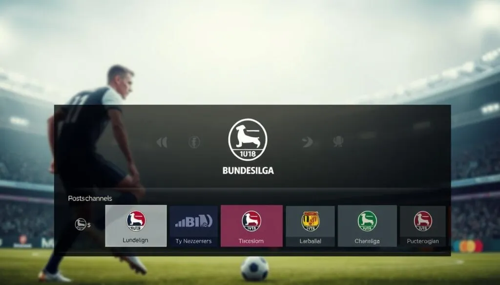 A sleek and modern IPTV subscription service interface showcasing the Bundesliga sports channel offerings. In the foreground, a high-resolution image of a soccer player in mid-action, captured with a cinematic depth of field. The middle ground features a clean, minimalist user interface design with branded Bundesliga logos and team colors. The background has a soft, gradient-based ambiance, evoking a premium, high-quality viewing experience. The overall composition conveys a sense of excitement, professionalism, and the thrill of live sports entertainment.