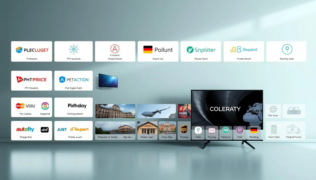 A sleek and modern comparison of IPTV providers, showcasing their services and features in a clean, minimalist layout. The foreground displays a grid of provider logos, each with a subtle hover effect to highlight key details. The middle ground features product shots and icons representing the various IPTV offerings, presented in a cohesive, visually appealing manner. The background subtly conveys a sense of German efficiency and reliability, with a muted color palette and geometric patterns hinting at the disciplined nature of the IPTV industry. Soft, directional lighting creates depth and emphasizes the high-quality, professional nature of the IPTV market in Germany.