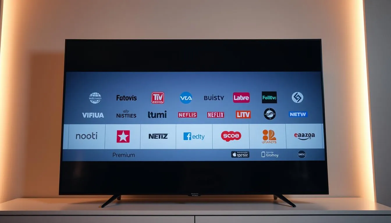 A sleek, minimalist television interface displaying a carefully curated list of premium television channel logos. The screen is clean and uncluttered, with the channel icons arranged in a visually appealing grid layout. Soft, warm lighting illuminates the display, creating a sense of quality and exclusivity. The entire scene is captured with a high-quality camera lens, rendering the image sharp and detailed. The atmosphere conveys a sense of curation and discerning taste, befitting the "m3u liste privatsender iptv top kanale" subject matter.