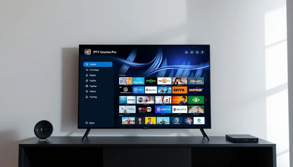 A sleek, modern-looking IPTV application interface with a clean, minimalist design. The main focus is a large, high-resolution screenshot of the "IPTV Smarters Pro" app, showcasing its intuitive user experience and feature-rich functionality. The screen is displayed against a soft, muted background, with subtle lighting from the side to accentuate the detail and clarity of the app's visuals. The overall mood is one of professionalism, utility, and technological sophistication, reflecting the advantages and benefits of using this IPTV management tool.