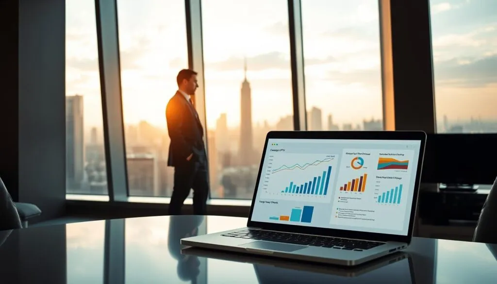 A sleek, modern office setting with a large desk in the foreground. On the desk, a laptop displays a detailed analysis of IPTV reseller profit optimization strategies, accompanied by charts and graphs. In the middle ground, a businessman in a suit stands, deep in contemplation, studying the data intently. The background features a panoramic city skyline visible through floor-to-ceiling windows, bathed in warm, directional lighting that casts subtle shadows. The overall atmosphere conveys a sense of strategic planning, professionalism, and the pursuit of financial success in the IPTV reseller industry.