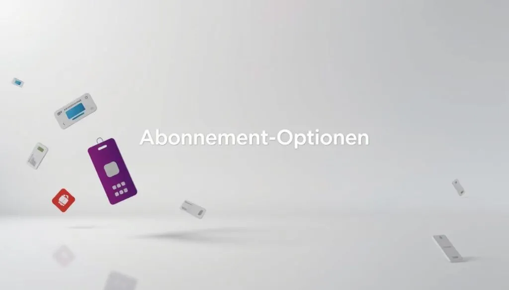 A stylish and minimalist image showcasing various subscription options. In the foreground, different pass icons or symbols representing various subscription tiers or packages float elegantly, each with a distinct design and color palette. The middle ground features a clean, modern interface with sleek typography highlighting the "Abonnement-Optionen" title, complemented by subtle gradient backgrounds. The background maintains a soft, blurred focus, creating depth and directing the viewer's attention to the central subscription elements. The overall mood is one of sophistication, clarity, and a premium user experience, reflecting the high-quality IPTV service being described in the article.