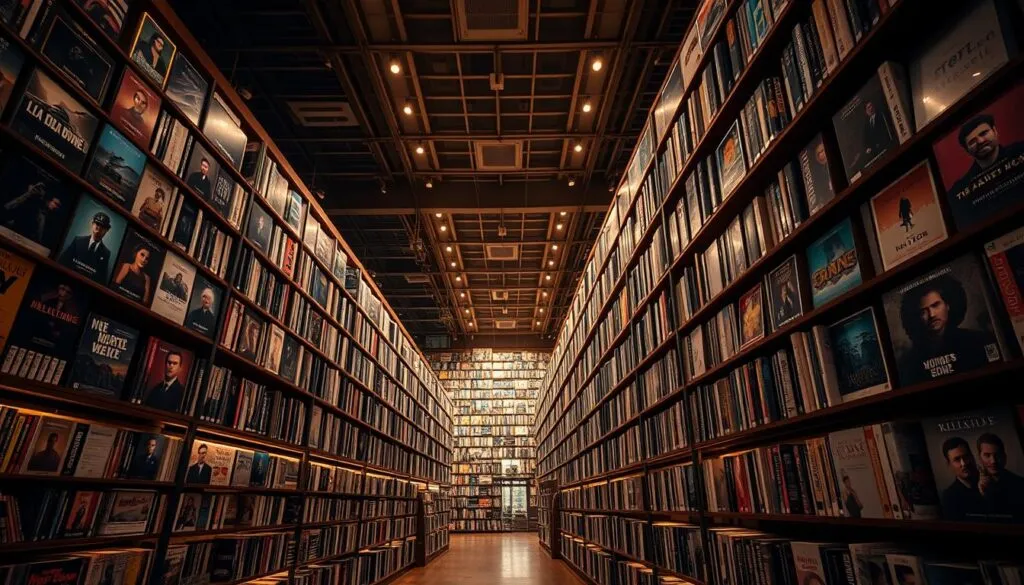 A vast and meticulously curated film and television library, with rows upon rows of high-definition movie posters and TV show covers illuminated by warm, ambient lighting. The shelves stretch as far as the eye can see, creating a sense of depth and grandeur. The camera angle is slightly low, giving a majestic, awe-inspiring perspective, as if the viewer is standing amidst this cinematic treasure trove. The overall mood is one of cinematic sophistication and intellectual engagement, inviting the viewer to explore the endless possibilities of this premium entertainment hub.