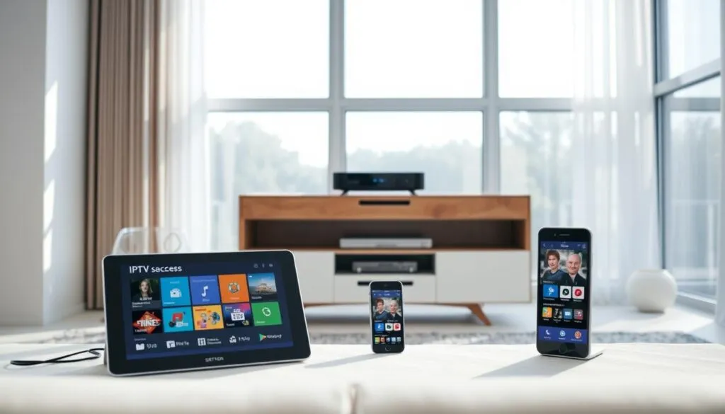 A well-lit modern living room setting, showcasing the seamless integration of IPTV access across various devices. In the foreground, a sleek smart TV displaying a vibrant IPTV interface, with a tablet and smartphone positioned nearby, also accessing the same IPTV content. In the middle ground, a cable box and streaming device sit atop a minimalist media cabinet, highlighting the multiple pathways for IPTV integration. The background features large windows allowing natural light to flood the space, creating a warm and inviting atmosphere. The overall scene conveys the effortless setup and versatility of IPTV access, perfectly aligning with the article's subject and section title.