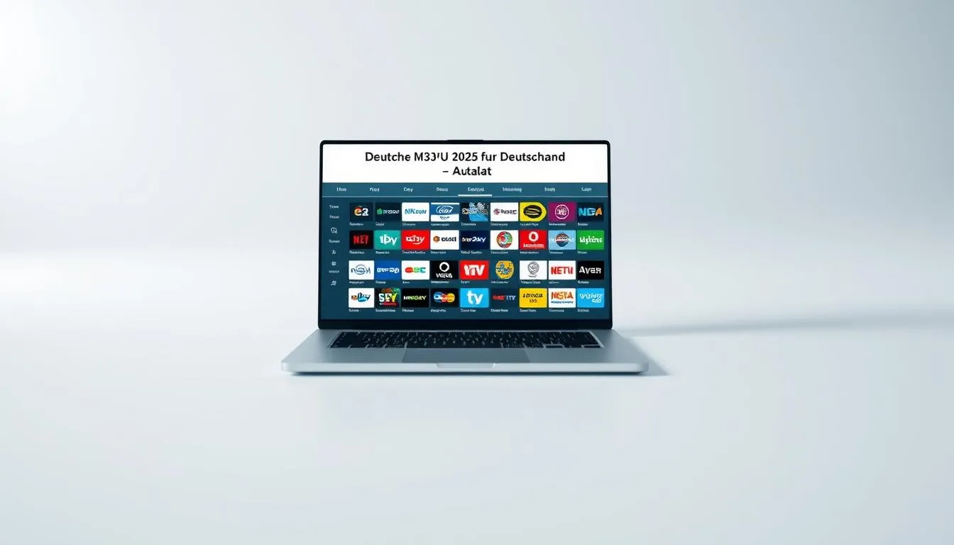 A wide, high-resolution image of a German IPTV channel list displayed on a modern, minimalist laptop or tablet screen. The screen is positioned in the middle ground, with a clean, white or light-colored background in the foreground and background. The screen shows a scrollable interface with a grid or list of IPTV channel logos and names, with a focus on the "Deutsche M3U 2025 für Deutschland - Aktuell" title prominently displayed at the top. The image has a cool, professional tone with soft, even lighting and a shallow depth of field, drawing the viewer's attention to the screen and channel list details.