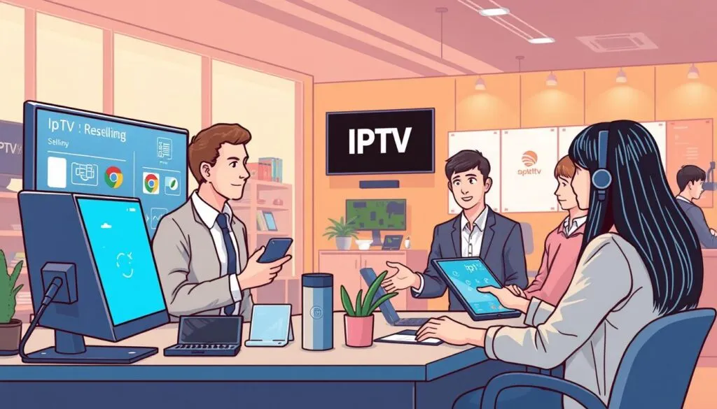 An illustration showing the concept of IPTV reselling, with a person reselling IPTV services to customers.
