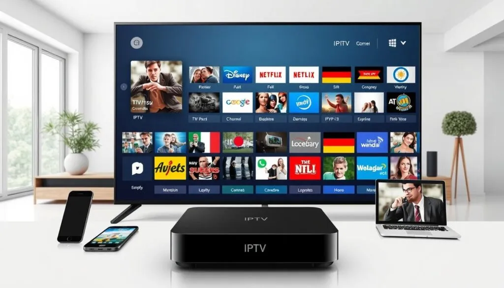 Detailed digital illustration of an IPTV streaming service interface. Prominently featured in the foreground is a modern smart TV or set-top box displaying a wide selection of German TV channels and on-demand content. The middle ground shows various device types like smartphones, tablets, and laptops, all connected to the IPTV system. In the background, a clean and minimalist living room interior with large windows, allowing natural lighting to create a bright and inviting atmosphere. The overall scene conveys the convenience, accessibility, and entertainment value of IPTV for German viewers.