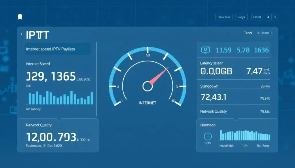 Detailed illustration of IPTV internet speed, showcasing the technical requirements for using IPTV playlists. A modern, minimalist digital dashboard display in shades of blue and gray, with sleek typography and infographic elements. The central focus is a dynamic speedometer visualizing the internet connection speed, complemented by supporting metrics such as latency, bandwidth, and network quality. The background features a subtle grid pattern or abstract data visualization, conveying the digital and technological nature of the subject matter. The overall aesthetic is clean, informative, and optimized for an article on the technical aspects of IPTV consumption in Germany.