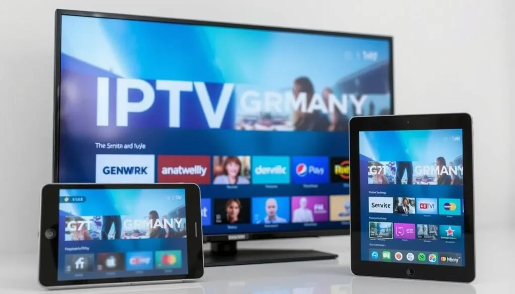 Ein Bild von DEUTSCHLAND IPTV auf verschiedenen Geräten wie Smart-TV, Tablet und Smartphone