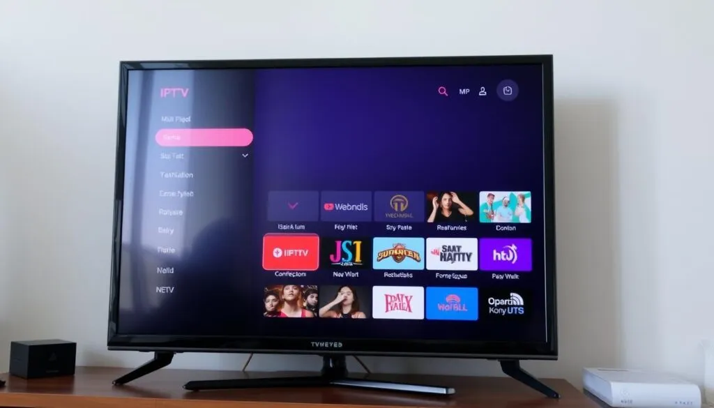 Ein Bild von einem Fernsehgerät mit einem IPTV-Menü auf dem Bildschirm