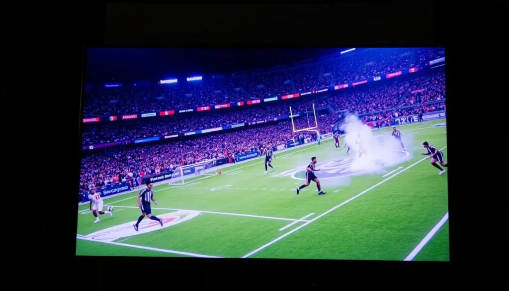 Ein Bild von einem Sportereignis oder einer Filmszene, das/der mit IPTV auf einem großen Bildschirm angezeigt wird.