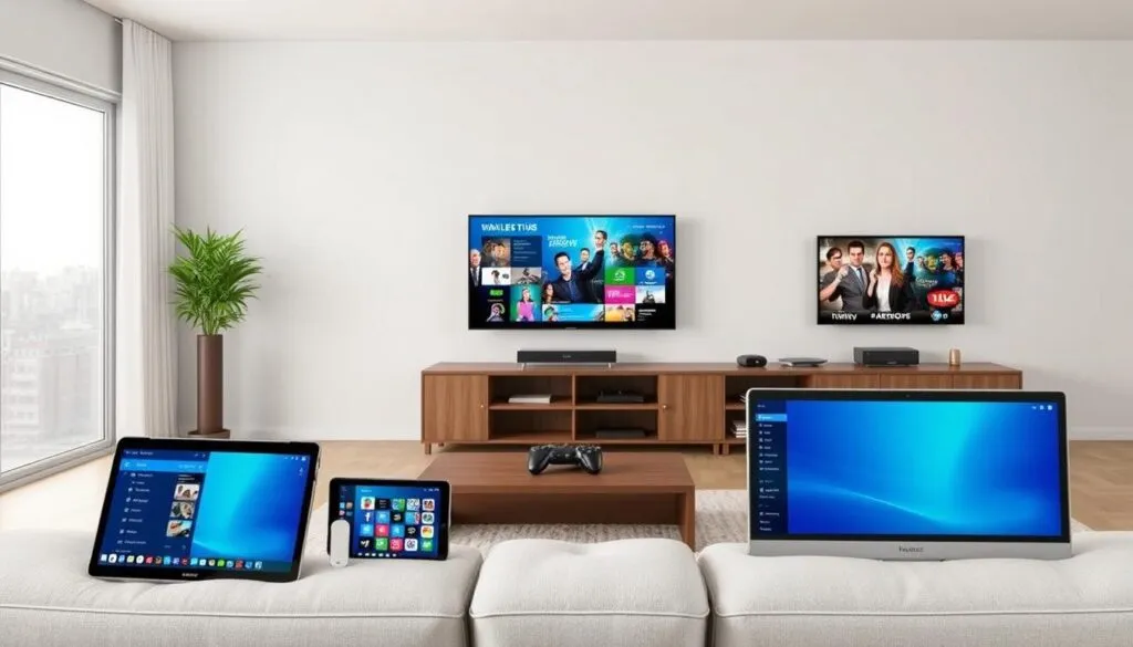 Ein Bild von verschiedenen Geräten wie Smart TVs, Smartphones, Tablets und PCs, die alle gleichzeitig Premium IPTV streamen.