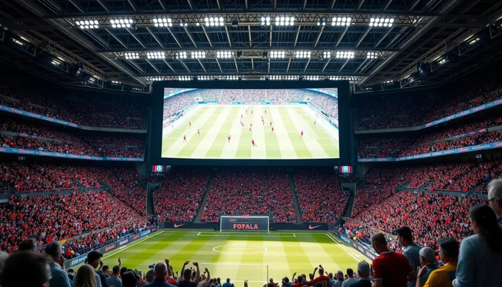 Erstellen Sie ein Bild von einem Stadion mit einer großen Leinwand, die ein Live-Fußballspiel zeigt.