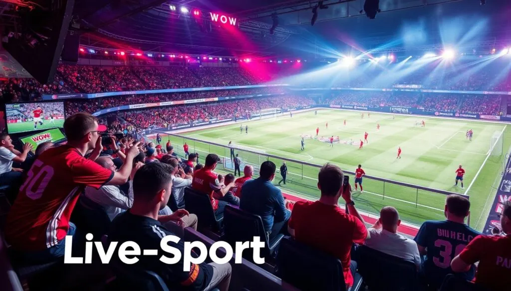 Generate an image of WOW Live-Sport highlighting its coverage of Bundesliga matches and other sports events.