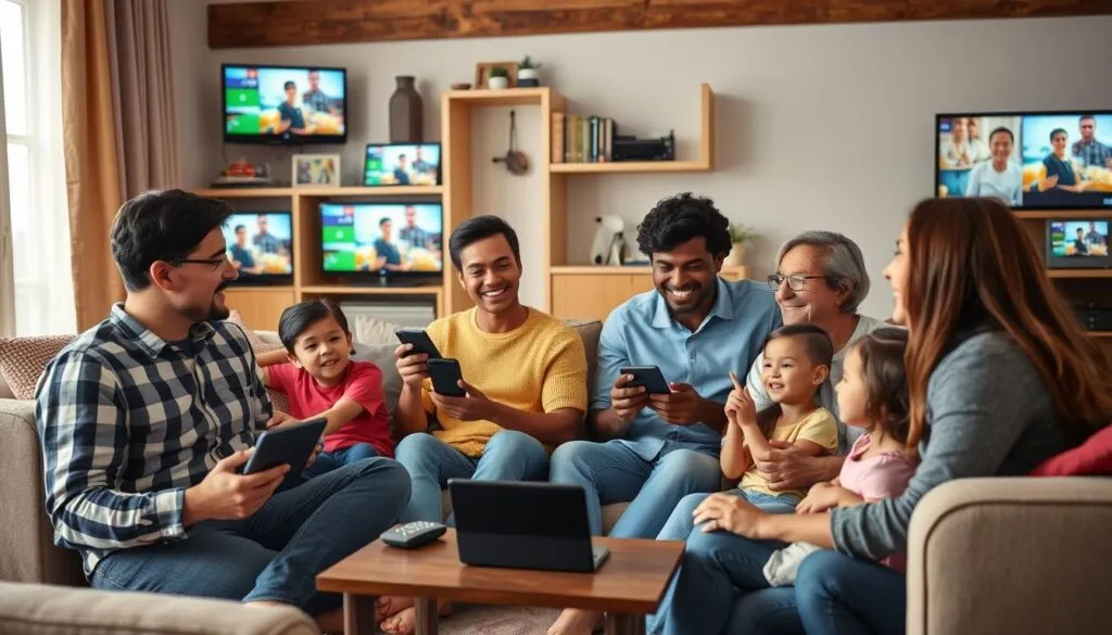 Generate an image of a family watching different TV channels on multiple devices simultaneously.