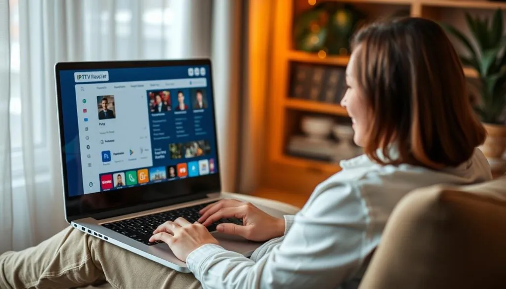 Generate an image of a person using a laptop with an IPTV reseller panel interface on the screen, with a friendly and professional background.