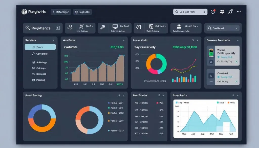 Generate an image of a reseller panel dashboard with various features and tools.