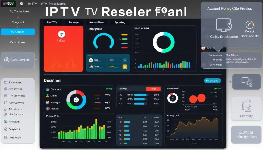 Generate an image representing the concept of an IPTV Reseller Panel, showcasing a dashboard with various management features.