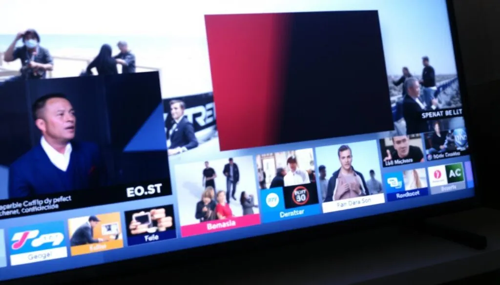 Generiere ein Bild von einem Fernsehbildschirm mit verschiedenen Kanälen und Serien.