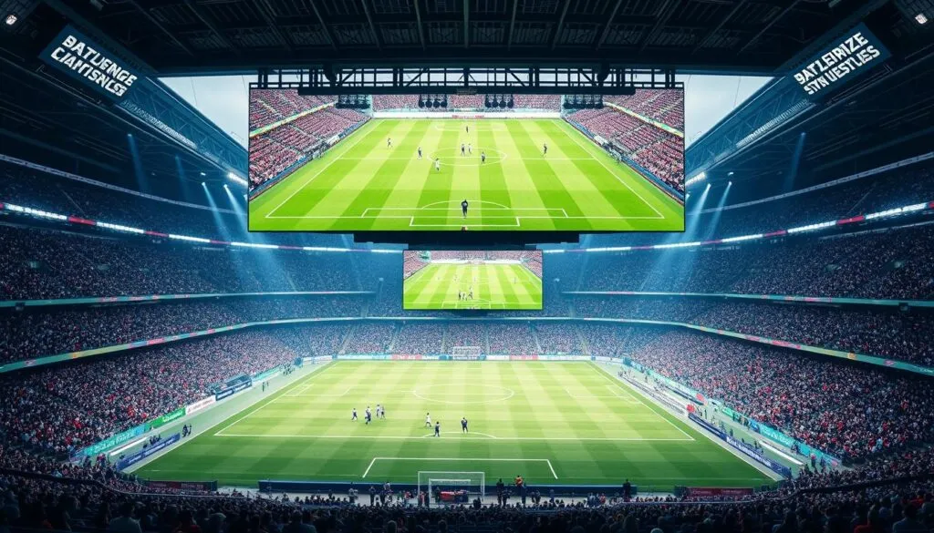 Generiere ein Bild von einem Fußballstadion mit einer großen Leinwand, die ein Live-Spiel zeigt.