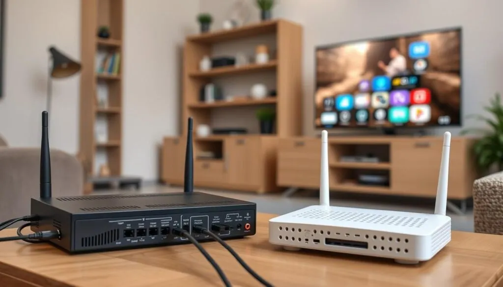 Generiere ein Bild von einem IPTV-Receiver, der mit einem Router und Fernseher verbunden ist.