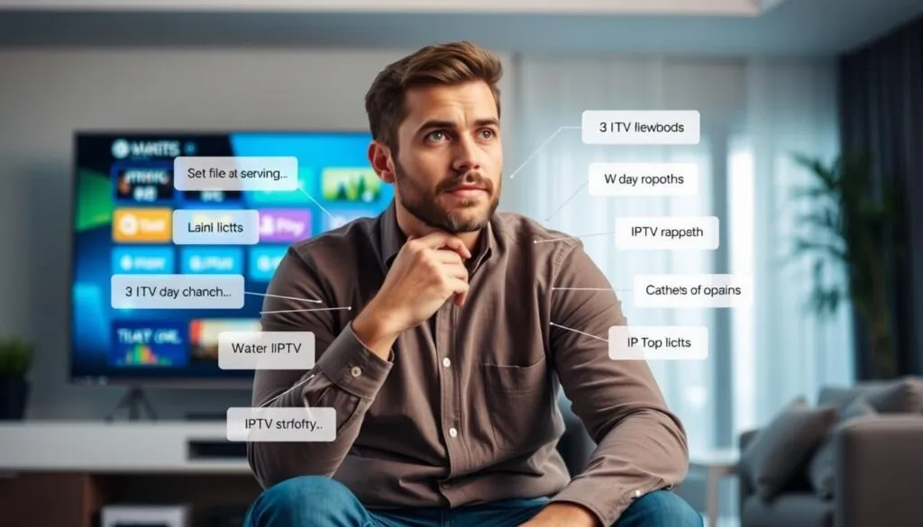 Generiere ein Bild von einem Mann, der vor einem Bildschirm sitzt und verschiedene IPTV-Angebote vergleicht.
