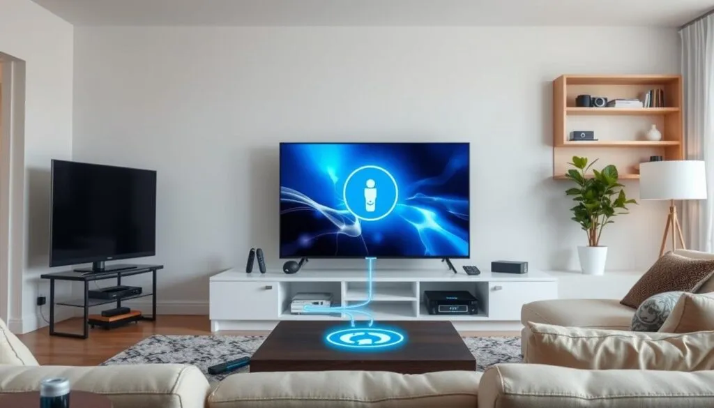 Generiere ein Bild von einem stabilen Internetanschluss mit verschiedenen Geräten wie Smart-TVs und Streaming-Sticks.