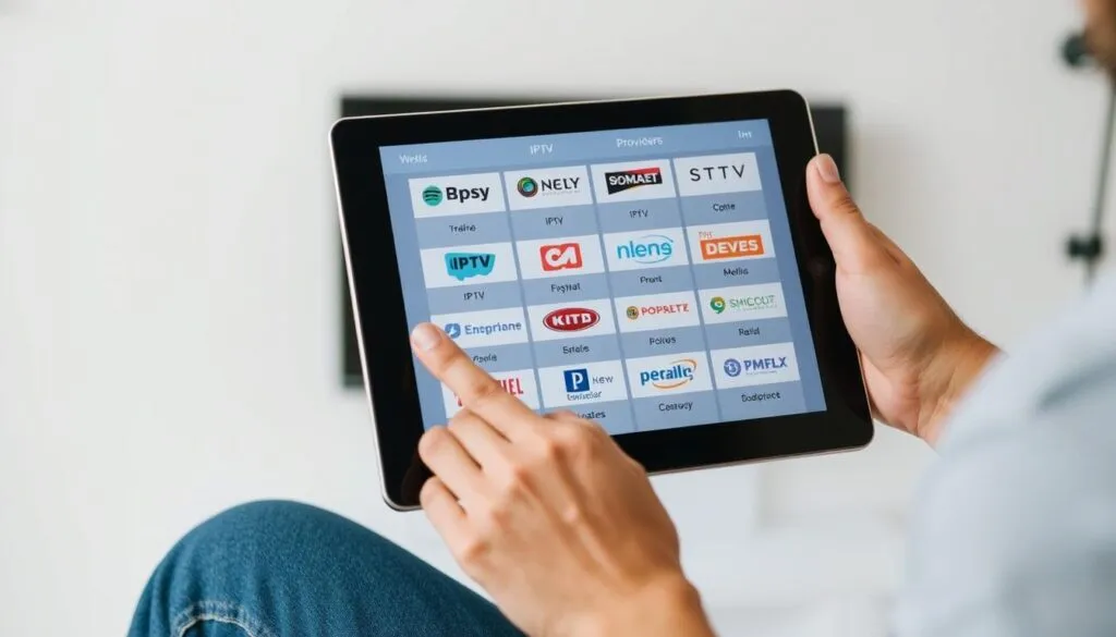 Generiere ein Bild von einer Person, die verschiedene IPTV-Anbieter auf einem Tablet vergleicht.