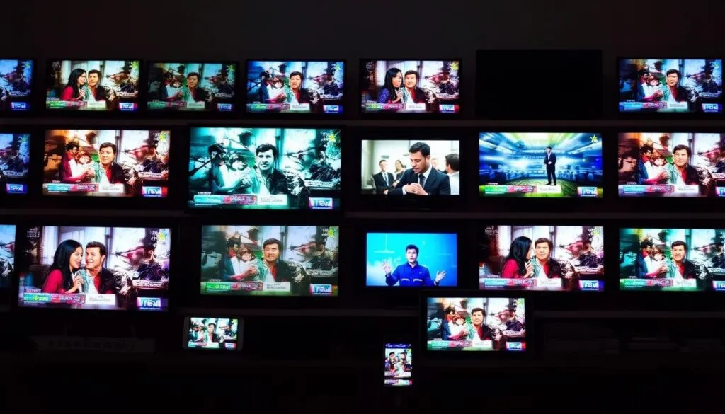 Generiere ein Bild von einer Vielzahl an Fernsehprogrammen auf verschiedenen Geräten