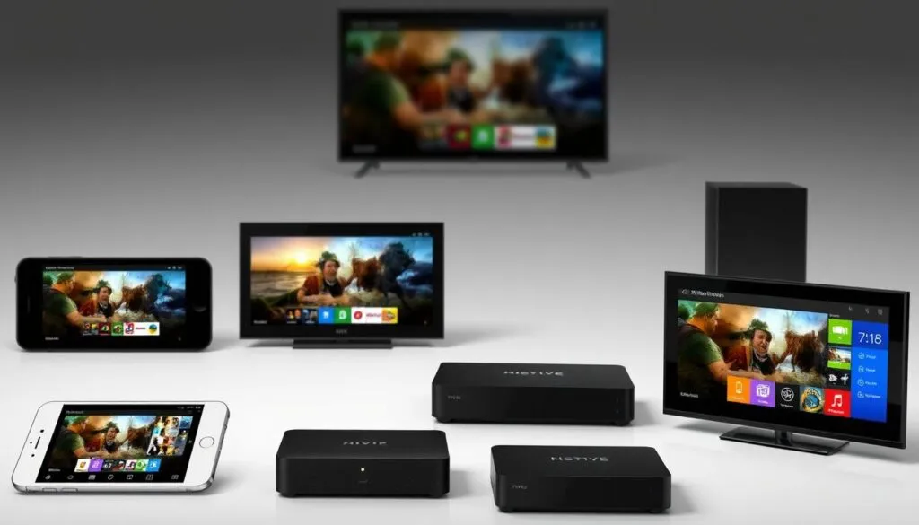 Generiere ein Bild von verschiedenen Geräten wie Smartphones, Tablets, Smart TVs und Streaming-Geräten, die IPTV anzeigen.