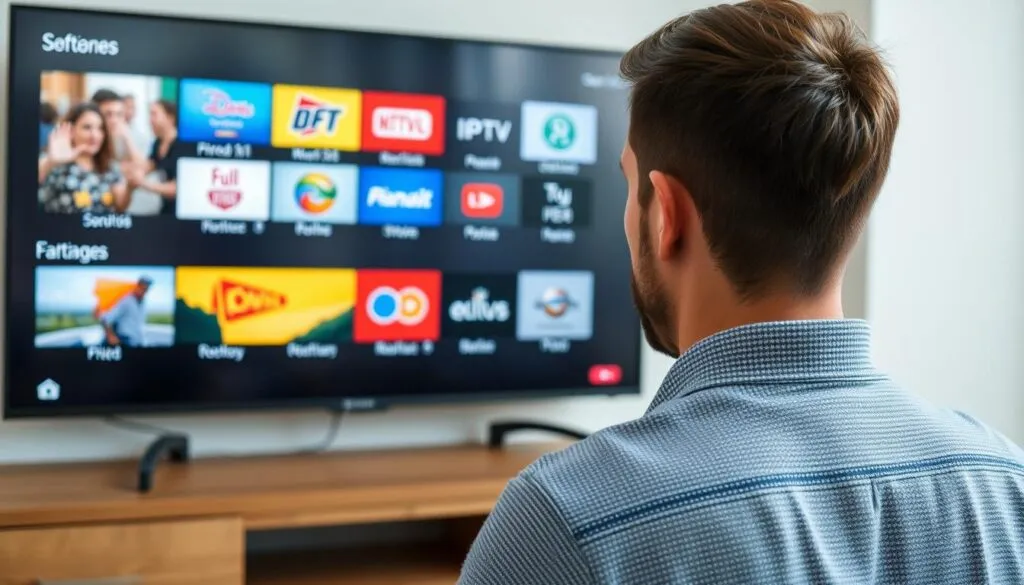 Generieren Sie ein Bild, das eine Person zeigt, die verschiedene IPTV-Kanäle auf einem Fernsehbildschirm vergleicht.
