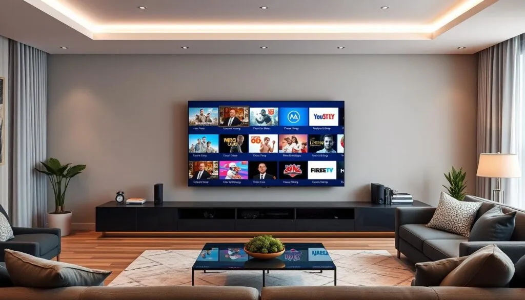 Generieren Sie ein Bild von einem modernen Wohnzimmer mit einem großen Fernseher, der eine Vielzahl von Kanälen in HD und 4K anzeigt.