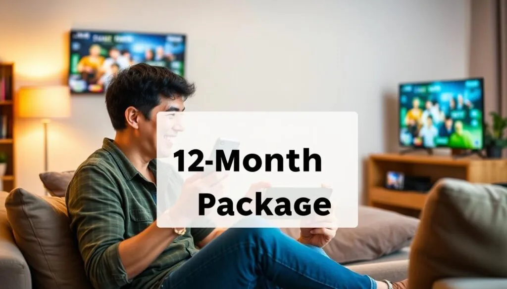 Image generation prompt: A happy customer enjoying IPTV content on multiple devices with a prominent "12-Monats-Paket" label.