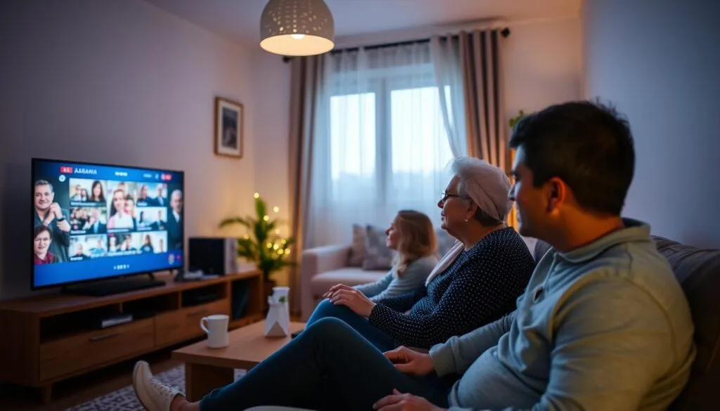 Image generation prompt: Eine Familie schaut gemeinsam albanische Fernsehsender auf einem Smart-TV